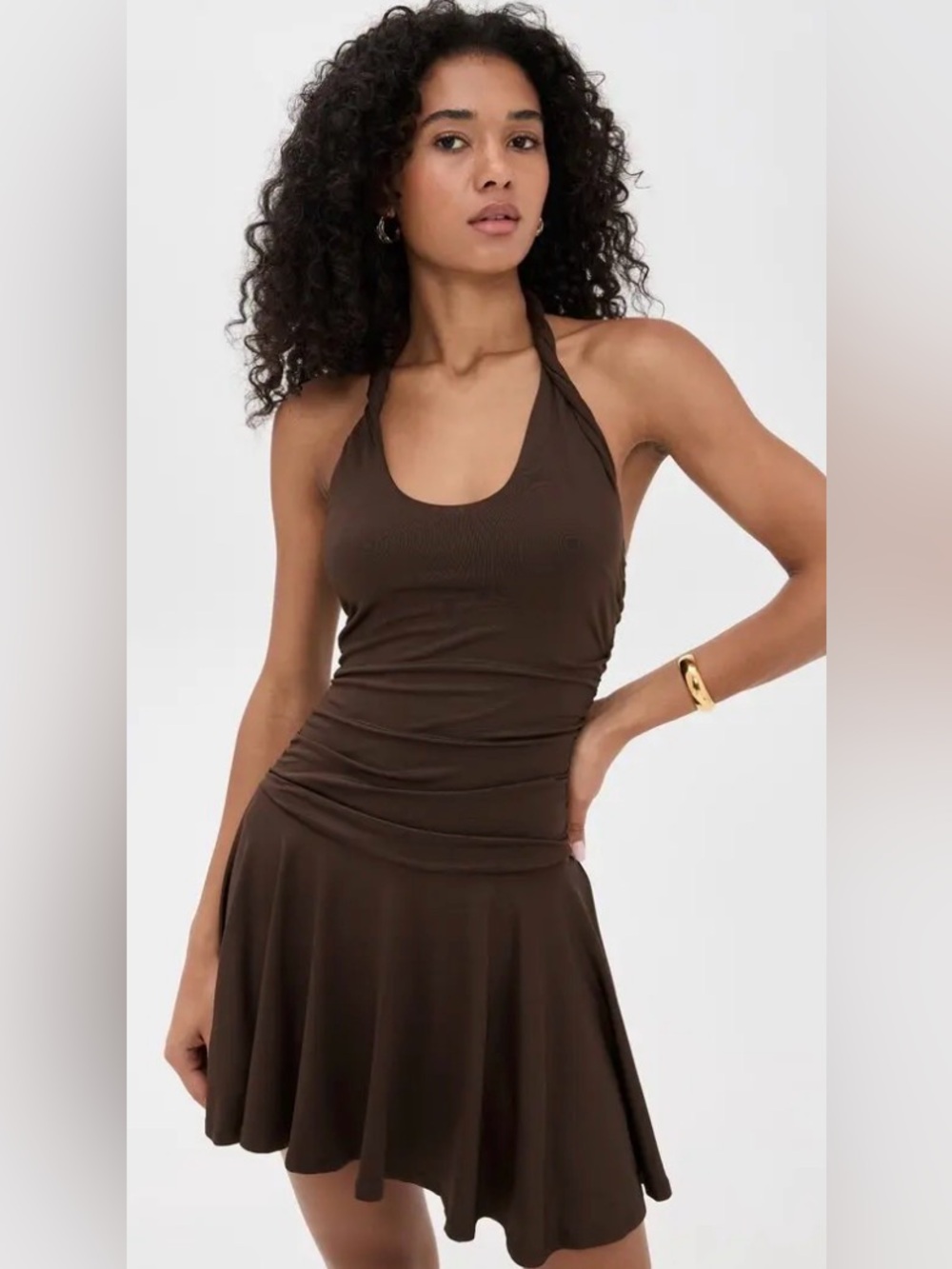 NIA Bailey Espresso Brown Ruched Halter Mini Dress M